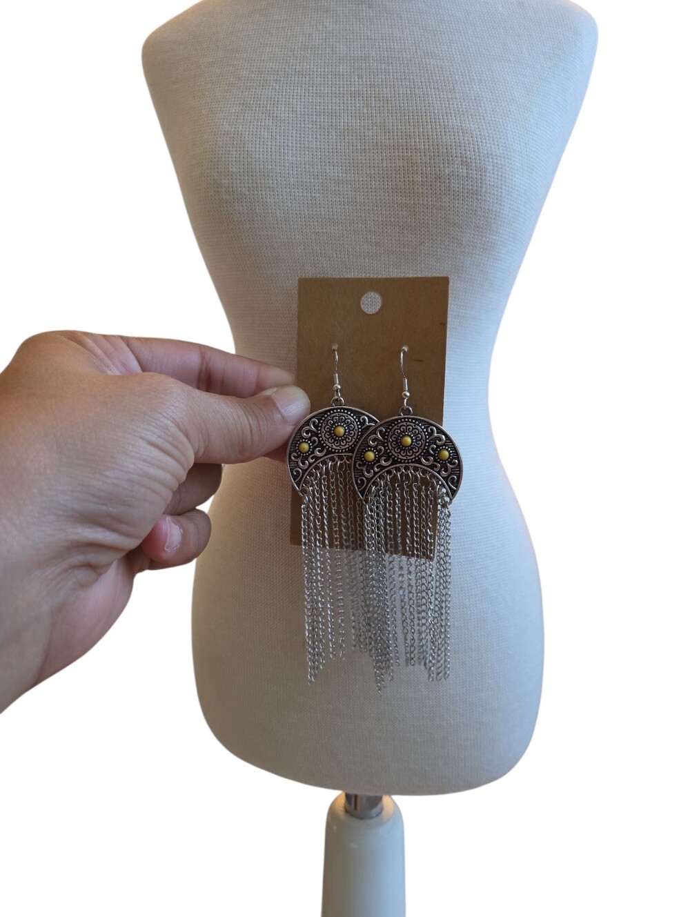 Silver Toned Yellow Beaded Long Tassel Earrings 4.5"